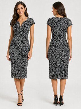 🖤Connected Apparel Black & Silver Lace Print Dress Size 8